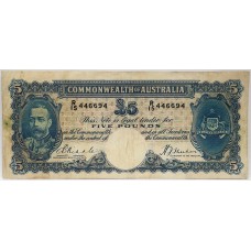 AUSTRALIA 1933 . FIVE 5 POUNDS BANKNOTE . WHITE FACE . VERY SCARCE